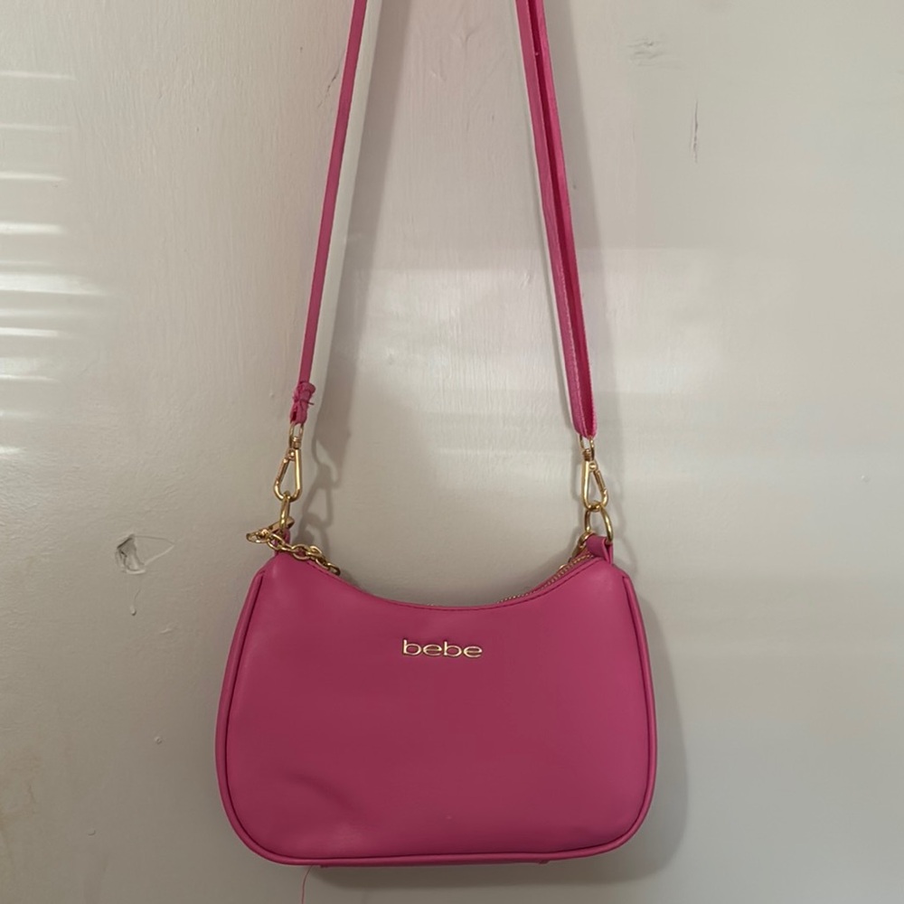 Bebe Pink Shoulder Bag with Gold Hardware and Adjustable Strap